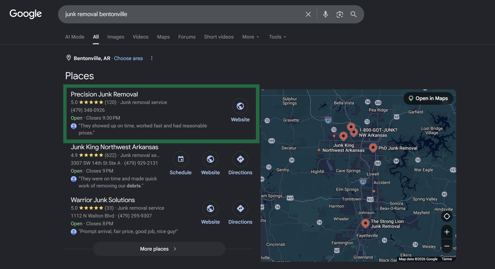 Google Maps results showing Precision Junk Removal ranking #1 in the local 3-pack